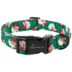 Aring Pet Christmas dog collar green Santa buckle closeup emphasizes lightweight cotton comfort for daily wear