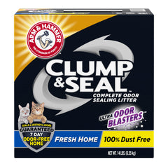 ARM & HAMMER Clump & Seal litter box scene shows a clean, odor-free setup.