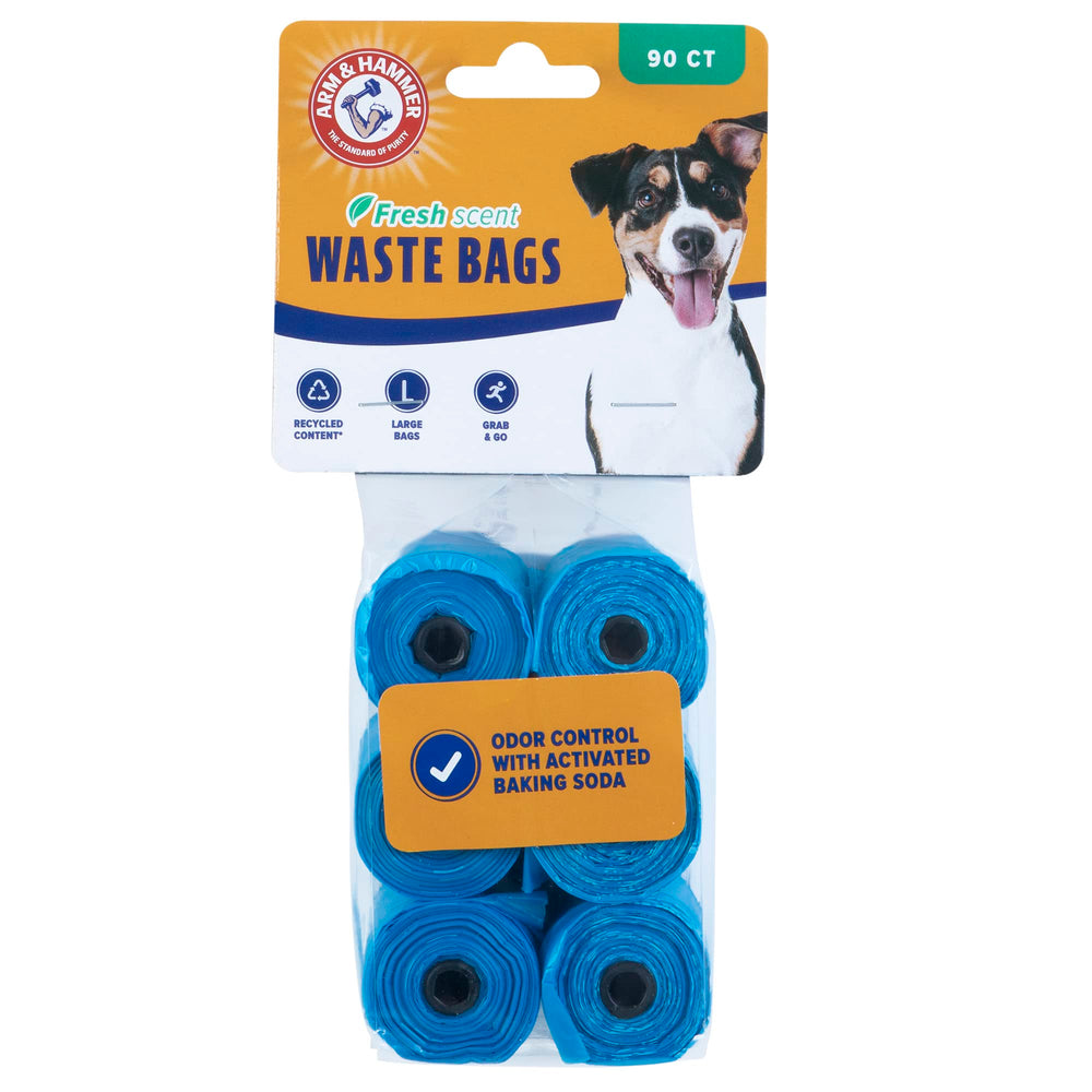 Arm & Hammer easy-tear poop bag roll in blue for quick, mess-free cleanup on walks.