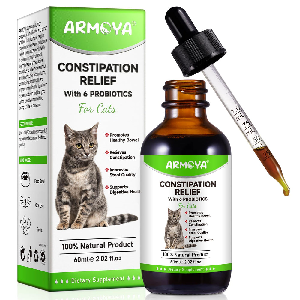 ARMOYA Cat Constipation Relief bottle with dropper for gentle dosing and digestive support.