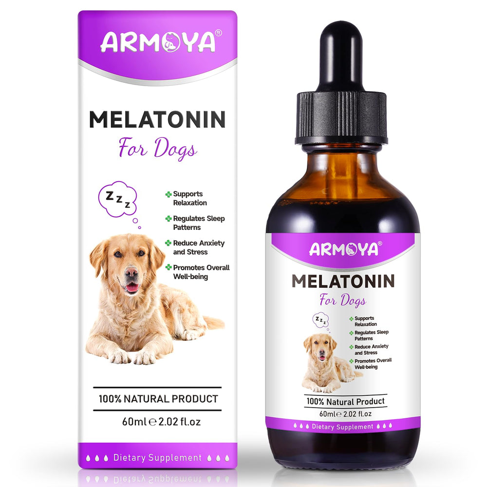 ARMOYA dog melatonin bottle close-up for calming sleep support.