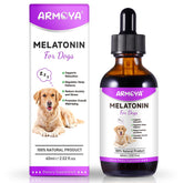 ARMOYA dog melatonin bottle close-up for calming sleep support.