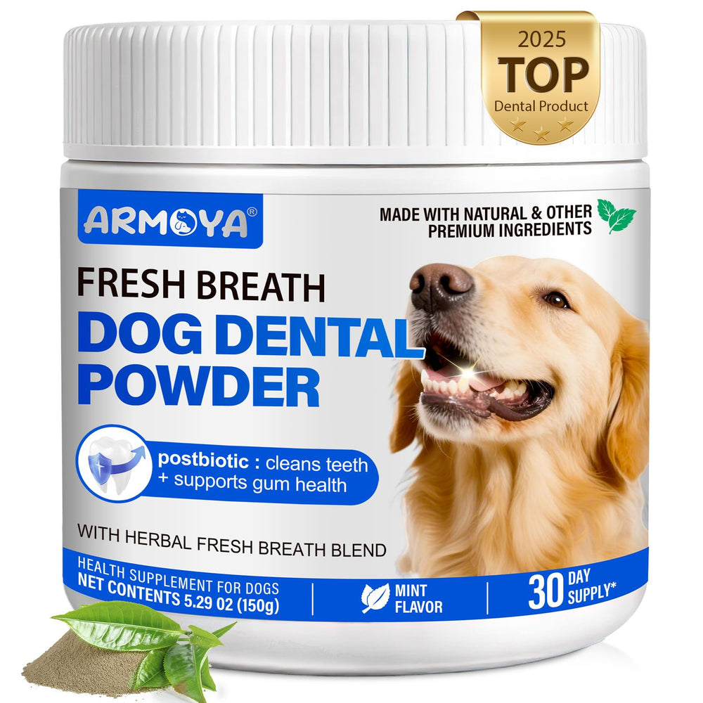 ARMOYA dog teeth cleaning powder bottle with mint for fresh breath