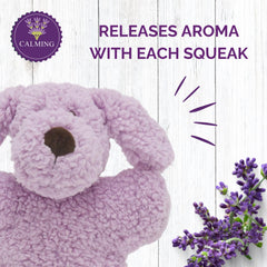 Aromadog chill-out oil label closeup shows lavender blend used in soothing components.