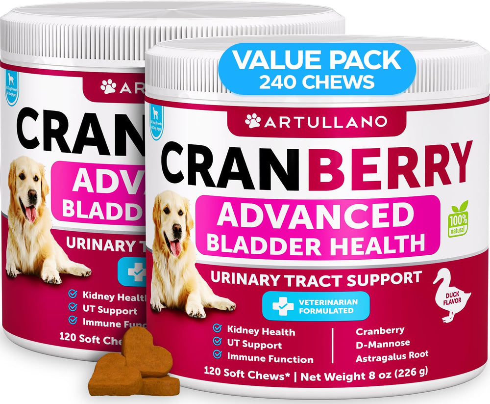 Artullano cranberry dog chews with duck flavor front view for tasty bladder support