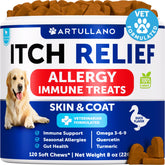 Artullano dog allergy relief chews bottle pour: easy dosing for potential itch relief.