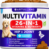 Artullano dog multivitamin chew bottle highlights 26-in-1 formula for joint and immunity support