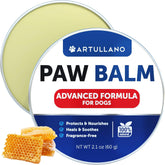 Artullano Dog Paw Balm bottle demonstrates easy, lick-safe protection for dry paw pads.