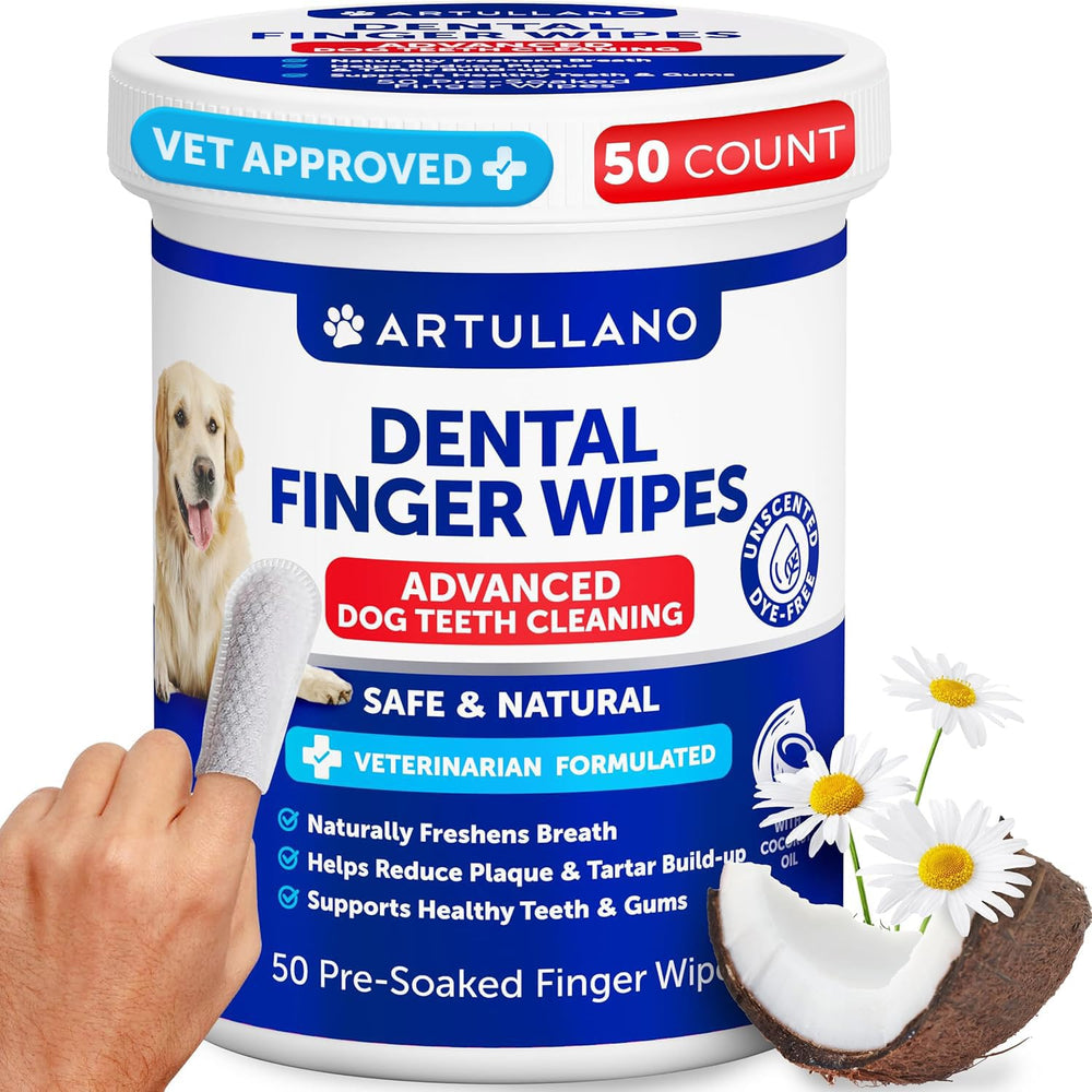 Artullano Dog Teeth Wipes packaging shows convenient, on-the-go dental care.