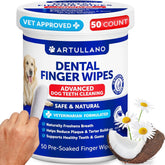 Artullano Dog Teeth Wipes packaging shows convenient, on-the-go dental care.