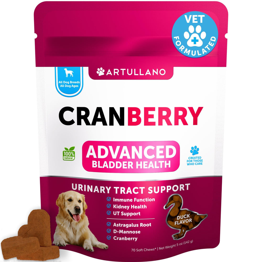 Artullano Dog UT Treats cranberry bottle close-up for daily urinary balance support