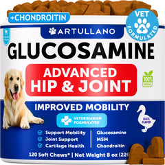 Artullano Glucosamine for Dogs bottle-front offers chewable joint support for active pets.