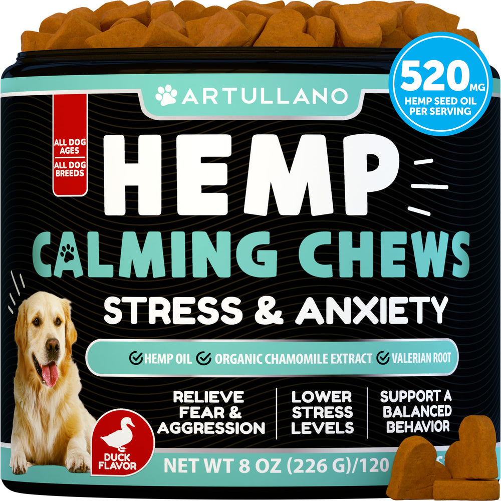 Artullano hemp calming chews bottle demonstrates anxiety relief for anxious dogs