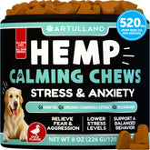 Artullano hemp calming chews bottle demonstrates anxiety relief for anxious dogs