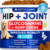 Artullano hemp hip joint dogs bottle promoting mobility support for active pets.