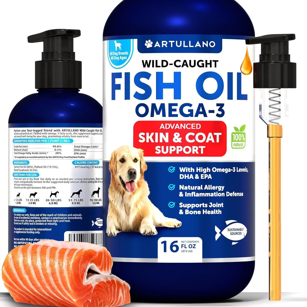 Artullano Omega 3 for Dogs bottle front highlights skin and coat support.