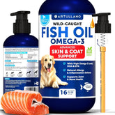 Artullano Omega 3 for Dogs bottle front highlights skin and coat support.