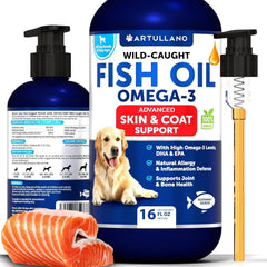 Artullano Omega 3 for Dogs bottle front highlights skin and coat support.