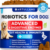 Artullano Probiotics for Dogs bottle and chews promoting gut health benefits.