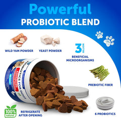 Artullano Probiotics for Dogs bottle beside bowl for daily digestive support.