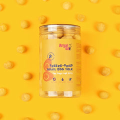 Arya Sit quail egg yolk treat jar closeup highlights premium freeze-dried texture.