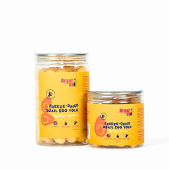 Arya Sit quail egg yolk treat texture closeup reveals crisp freeze-dried bits.