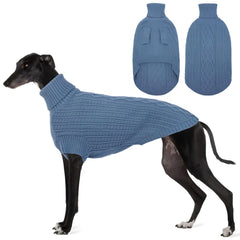 ASENKU blue-turtleneck dog sweater on lean greyhound offers warmth and mobility.
