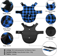 ASENKU dog winter coat plaid back pocket highlights convenient storage during outings.