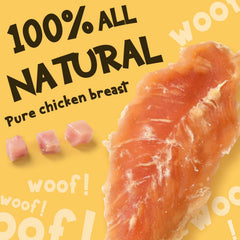 ASMPET chicken jerky bite piece close-up highlights chewy texture for satisfying snack.