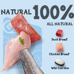 ASMPET dog cod skin treats ingredients close-up highlights chicken and duck first.
