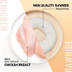 ASMPET chicken-wrapped rawhide donuts close-up, showcasing long-lasting chewing appeal.
