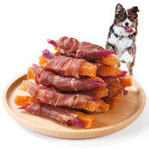 ASMPET Sweet Potato Duck Wrapped Treats pack shows rawhide-free chews for digestion support.