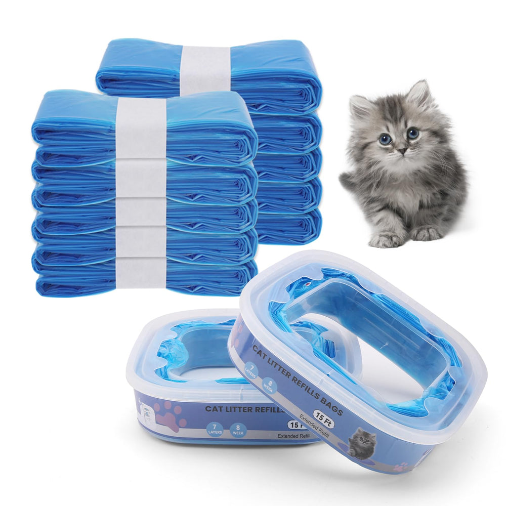 Astrallgn cat litter refill blue packaging demonstrates compatibility with standard pails for easy disposal.