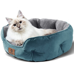 Asvin small dog bed round design supports head and neck for security.