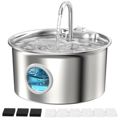 ATMZIQXR stainless steel cat water fountain front view shows durable build for long-lasting hydration.
