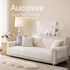 Aucrovee Velvet Washable Couch Cover side view demonstrates tailored fit for sectional sofas.
