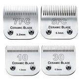 Audoc dog grooming blade 10 close-up shows ceramic-stainless blend for cooler cuts
