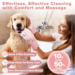 Augwind dog washing brush set demonstrates efficient lathering and fur removal during bath time.