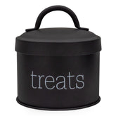 AuldHome Design enamel cat treat container black front view ideal for compact pet treats.