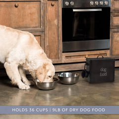 AuldHome Design closeup shows black enamel and Dog Food lettering