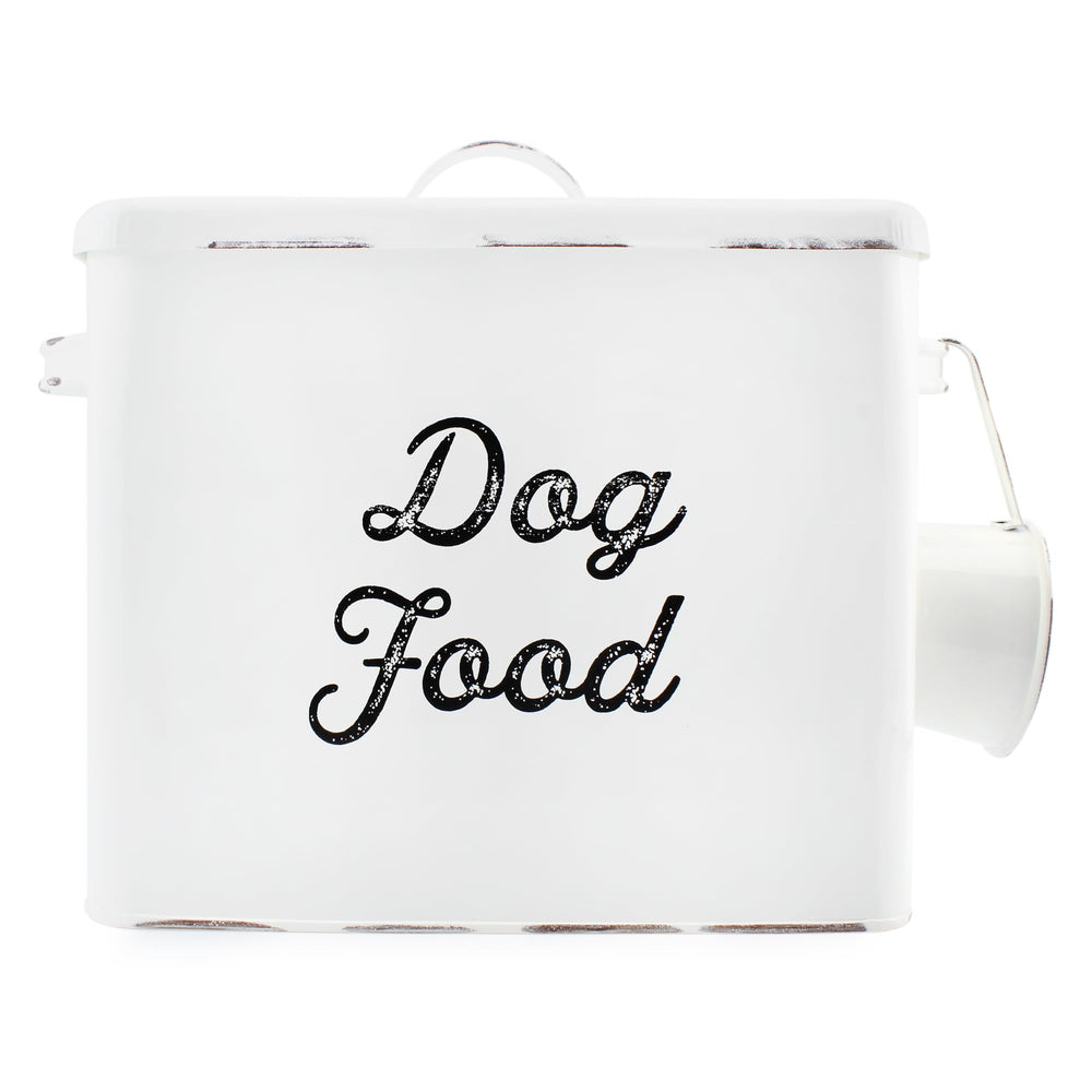 AuldHome Design rustic dog food canister front view with vintage white enamel for tidy countertops.