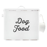 AuldHome Design rustic dog food canister front view with vintage white enamel for tidy countertops.