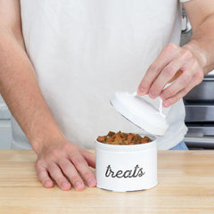 AuldHome Enamelware-treat-container-farmhouse-style-distressed-finish evokes vintage charm.