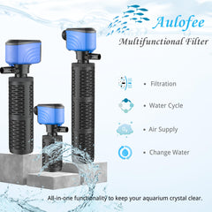 Aulofee all-in-one aquarium filter demonstrates integrated filtration and aeration.