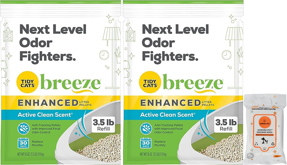 Aurora Pet Breeze Enhanced Pellets bundle packaging showing 3.5 lb bags for efficient odor control in multi-cat homes.