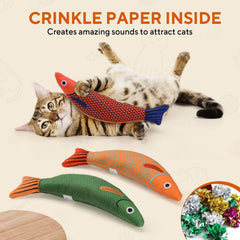 AUSCAT catnip fish toys shown mid-kick to encourage activity.