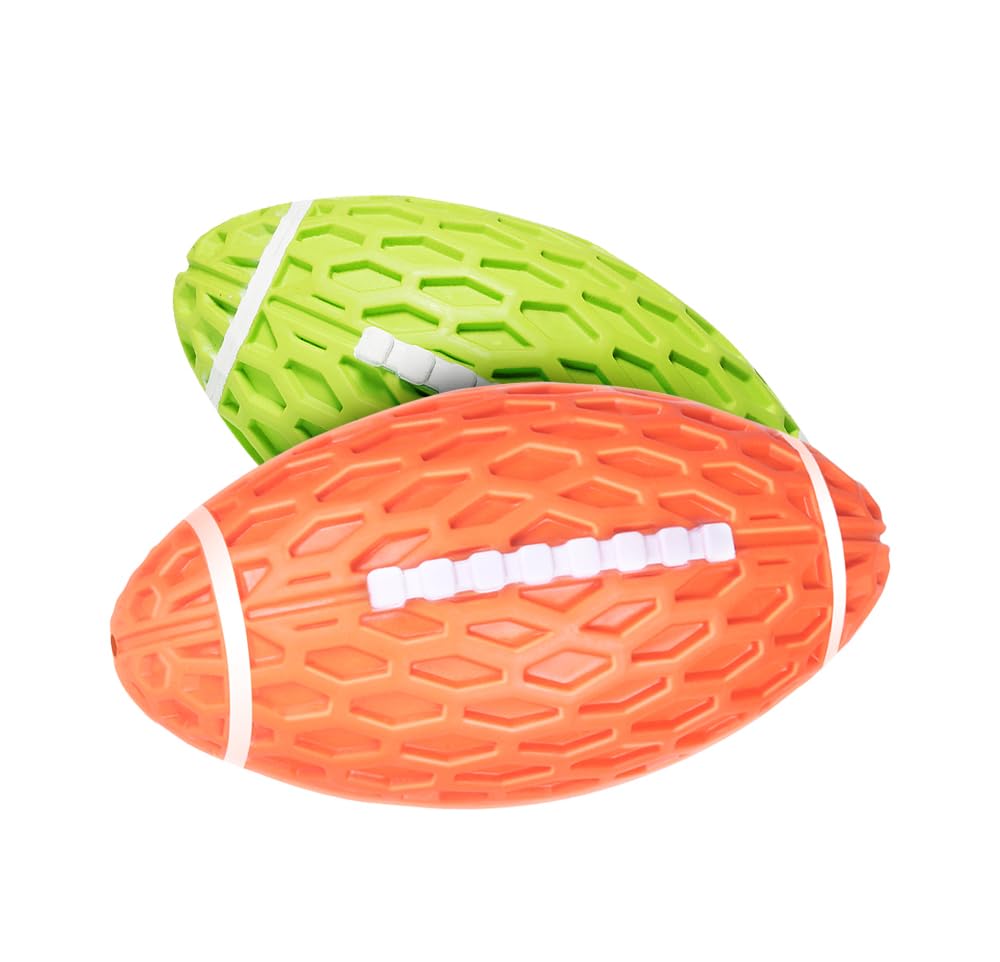 AUSCAT squeaky dog football toy in green and orange, ideal for interactive fetch.