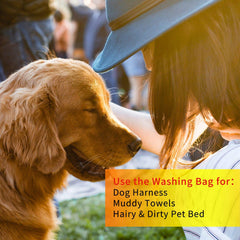 AUXSOUL pet laundry bag in use with blankets to trap hair.