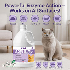 Aviano Cat Enzyme Cleaner bottle pour demonstrates quick action on spills
