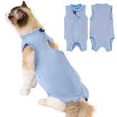 Avont cat recovery suit blue front view promotes comfortable healing and movement.